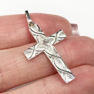 Vintage Italy 925 Sterling Silver Cross Necklace Pendant Pebbled Textured Star